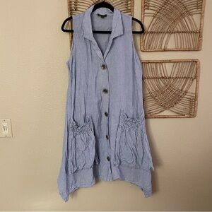 For Cynthia Striped Dress‎ Lagenlook Beachy Coastal Blue White Boho Sz L B17